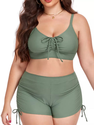 Plus size Army Green ruched drawstring swimwear set with adjustable tie front bikini top and shorts.