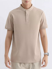 Men's apricot cotton t-shirt with mandarin collar and short sleeves.