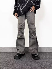 Men's relaxed fit washed flare jeans in grey denim with distressed knee details.