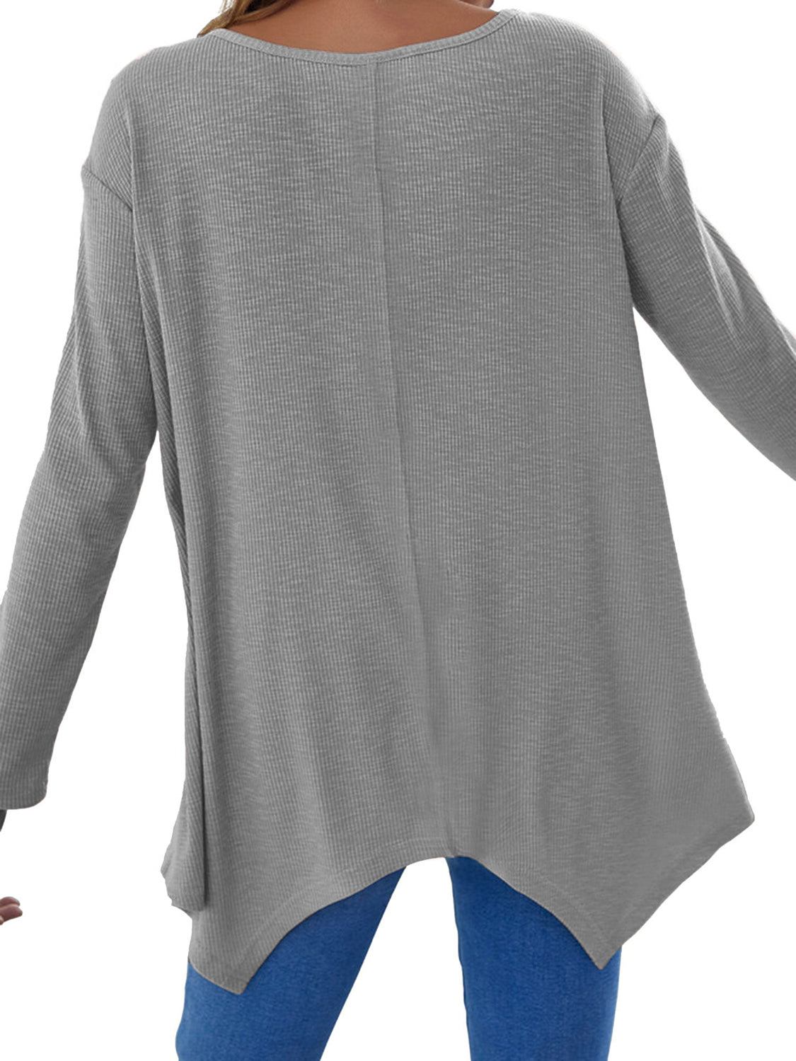 Dark Gray ribbed knit tunic top with long sleeves and an asymmetric hem.