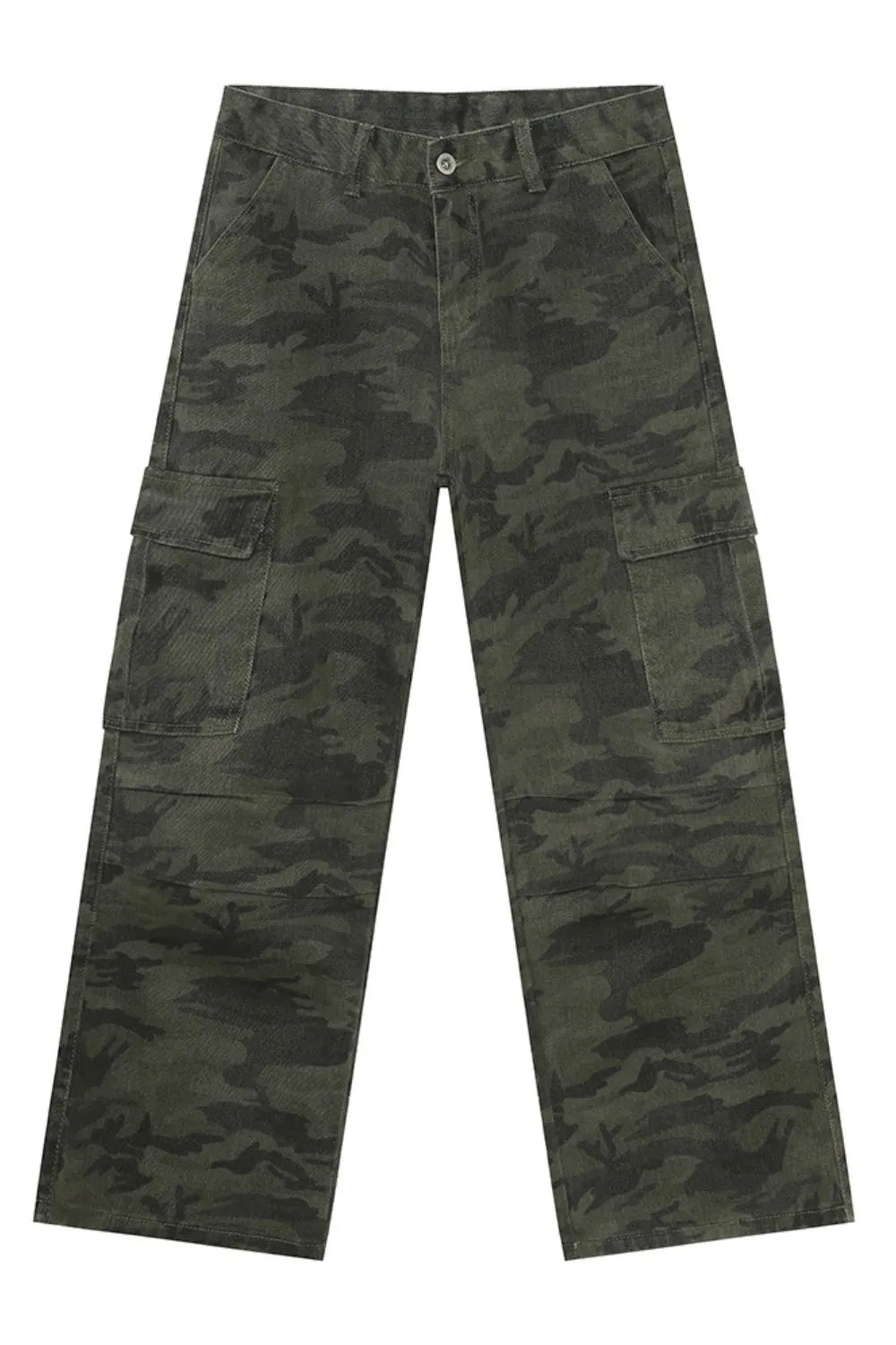 Army green camouflage cargo pants with multiple pockets
