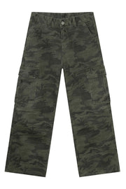Army green camouflage cargo pants with multiple pockets