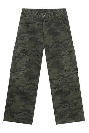 Army green camouflage cargo pants with multiple pockets