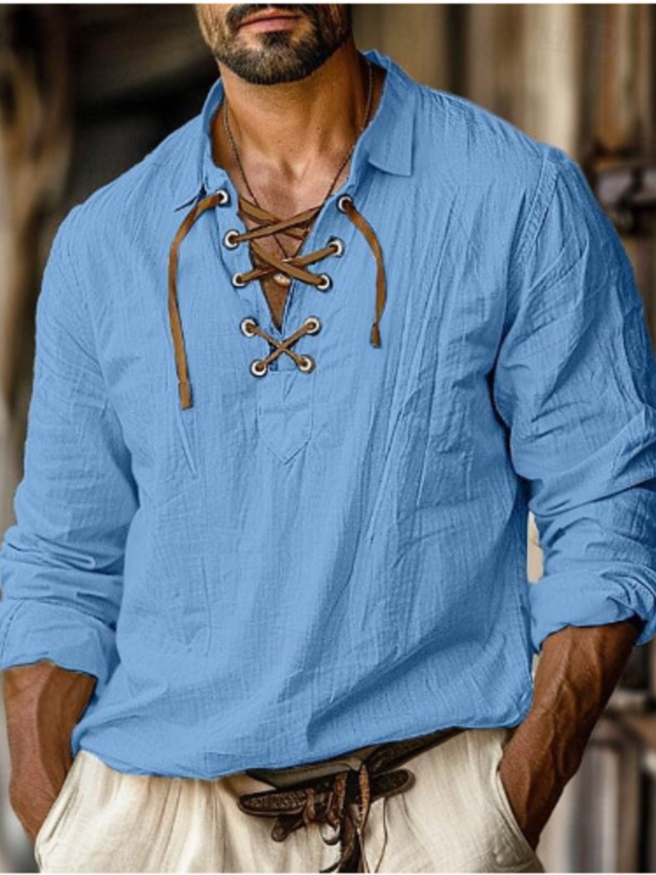 Blue cotton lace-up V-neck men's undershirt with brown leather ties