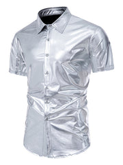 Men's silver button-up shirt with a sleek metallic finish and short sleeves.