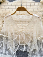 Sheer Lace Tie Front Flounce Sleeve Top in White, back view
