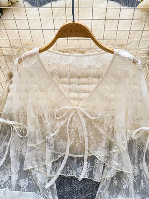 Sheer Lace Tie Front Flounce Sleeve Top in White, back view