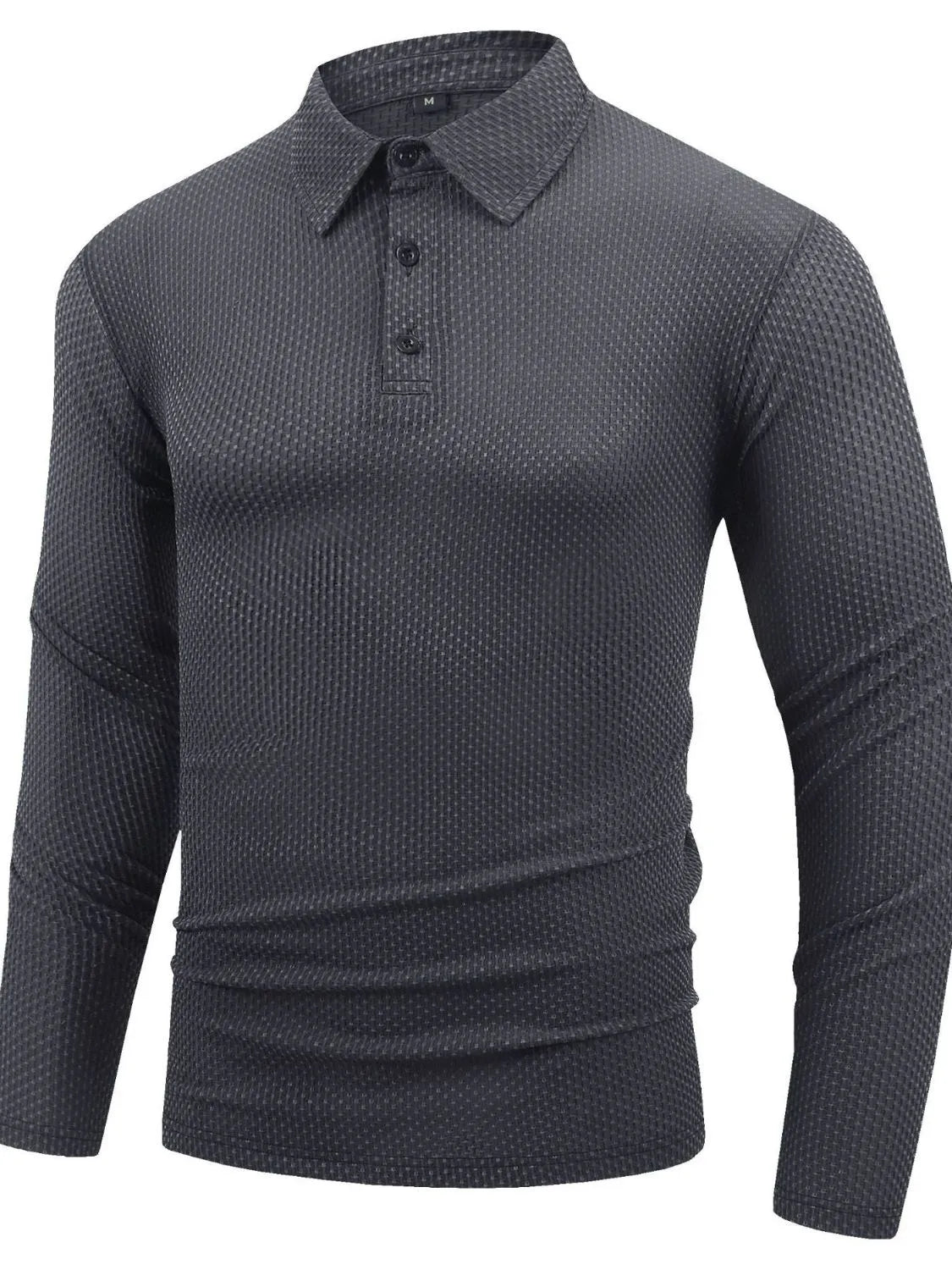 Textured dark gray long sleeve polo shirt with articulated sleeves and buttoned placket.