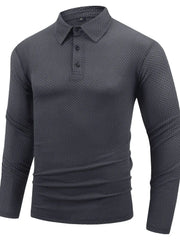 Textured dark gray long sleeve polo shirt with articulated sleeves and buttoned placket.
