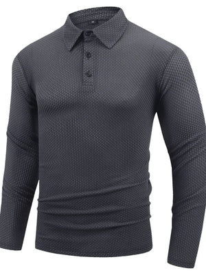 Textured dark gray long sleeve polo shirt with articulated sleeves and buttoned placket.