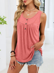 Pink button detail ruched tank top with curved hem.