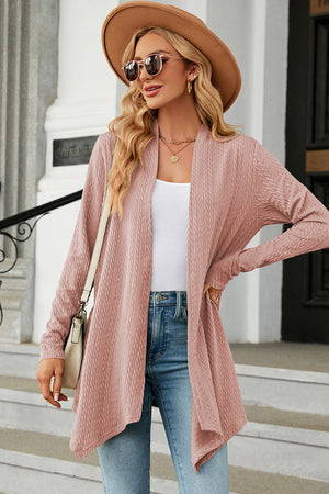 Dusty Pink textured knit cardigan with asymmetrical hem and open front.