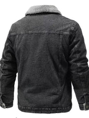 Men's black denim jacket with sherpa collar and lining, classic button-up style.