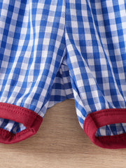 Baby set with blue and white gingham pattern and red trim detail