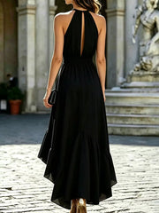 Ruffled High-low Sleeveless Maxi Dress in Black, close-up detail