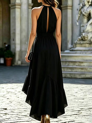 Ruffled High-low Sleeveless Maxi Dress in Black, close-up detail