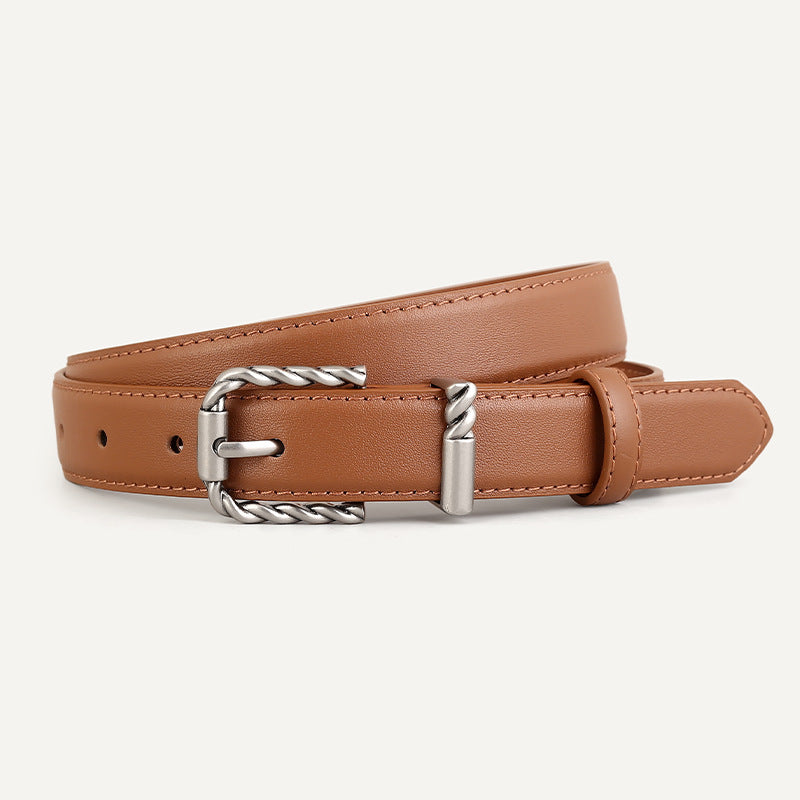 Caramel cowhide leather belt with twisted buckle detail