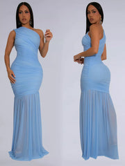 Light blue ruched bodycon maxi dress with one-shoulder neckline and sheer fishtail hem.