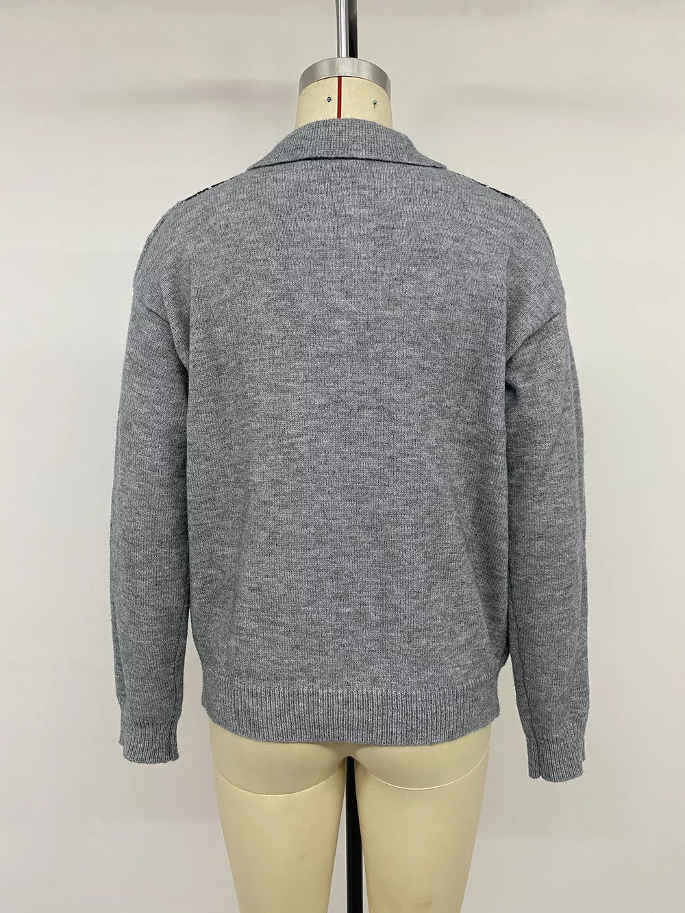 Argyle Patterned Polo Collar Sweater in Dark Gray, view 13