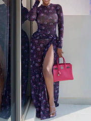 Sheer Floral Print Maxi Dress With High Slit in Dark Purple, front view