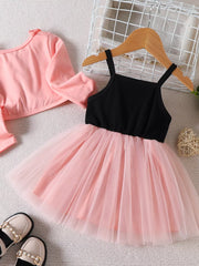 Children's Frill Cardigan And Tulle Dress Set in Pink, fabric detail