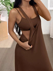 Brown scoop neck cami and maxi dress duo with double spaghetti straps.