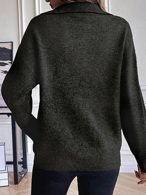 Charcoal acrylic knit sweater with contrast collar and zip-up detail.