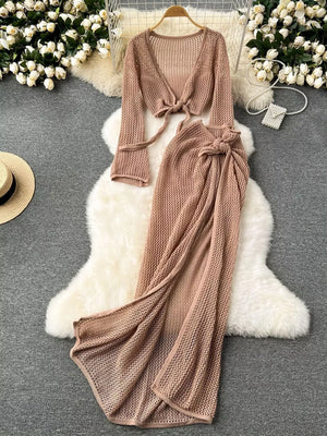 Khaki knit tied crop top and high slit skirt set with a V-neck and long sleeves.