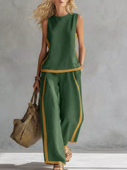 Green sleeveless tank and wide-leg pants set with yellow trim, polyester