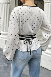 Polka Dot Flare Sleeve Blouse in White, close-up detail