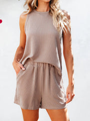 Chic sleeveless coord set in Dust Storm with vertical ribbing and elastic waist shorts.