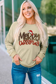 Khaki crewneck sweatshirt with leopard print Merry Christmas graphic and Santa hat detail.