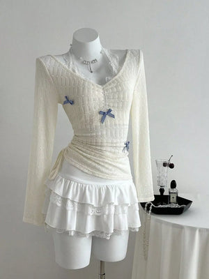 Bow Lace Detail V-neck T-shirt, front view