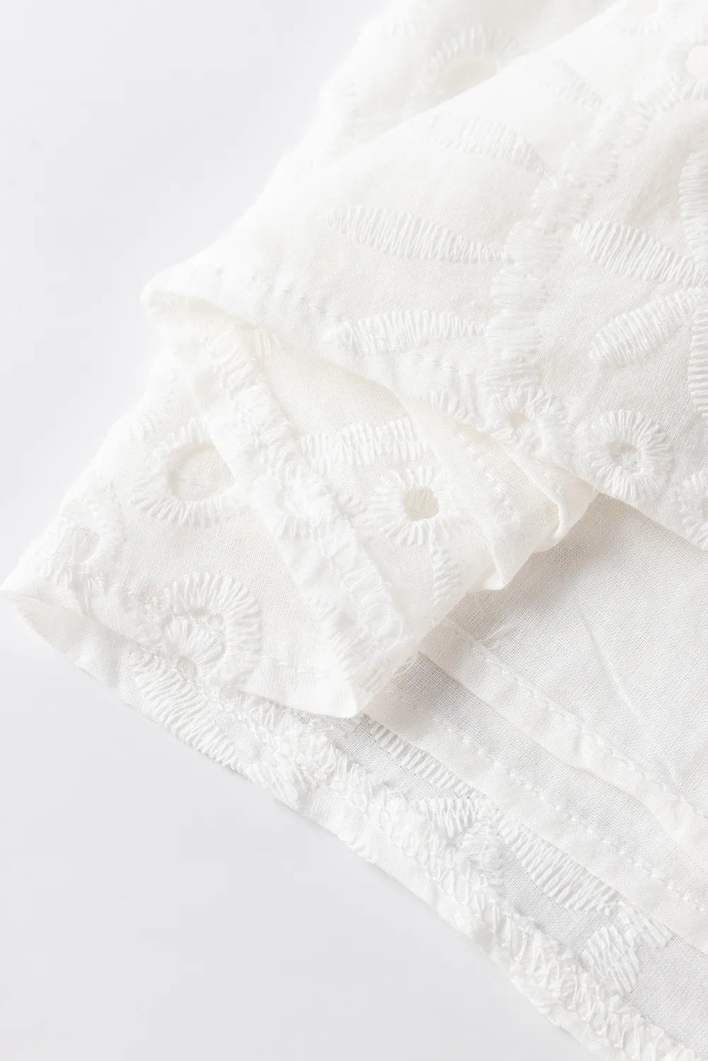 White embroidered eyelet V-neck blouse detail showing intricate floral patterns and eyelet cutouts.