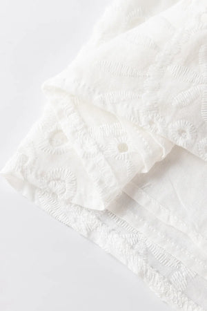 White embroidered eyelet V-neck blouse detail showing intricate floral patterns and eyelet cutouts.