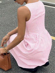 Pink and white striped midi dress with a square neck and a-line skirt.