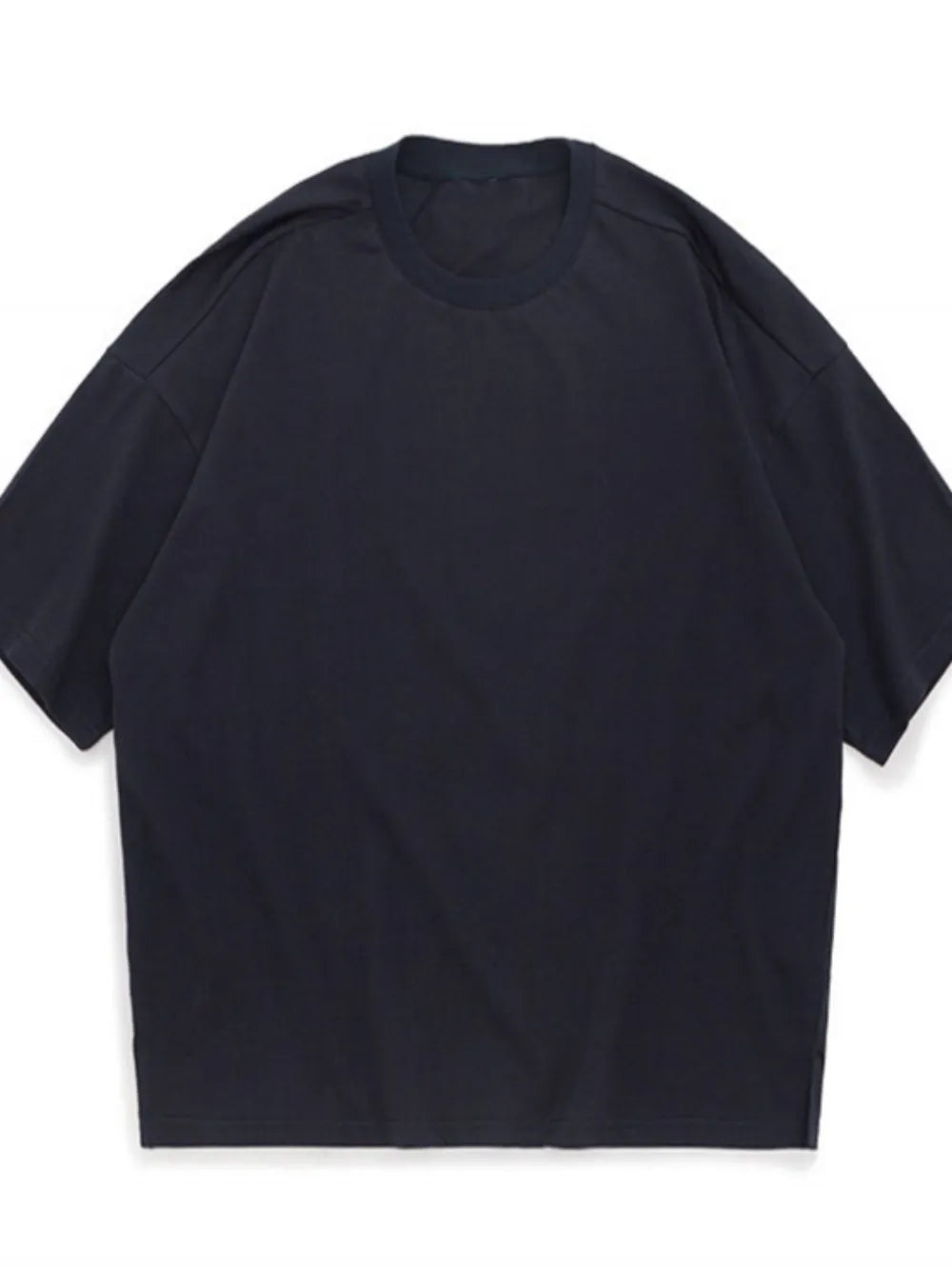 Oversized crew neck t-shirt in dark gray with textured fabric and dropped shoulders.