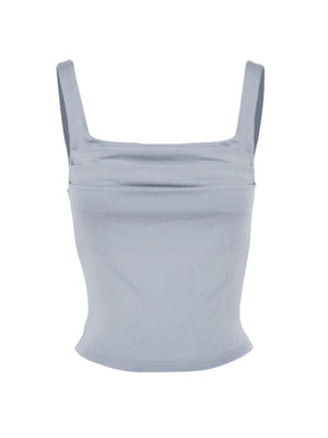 Grey ruched square neck fitted tank top with wide straps