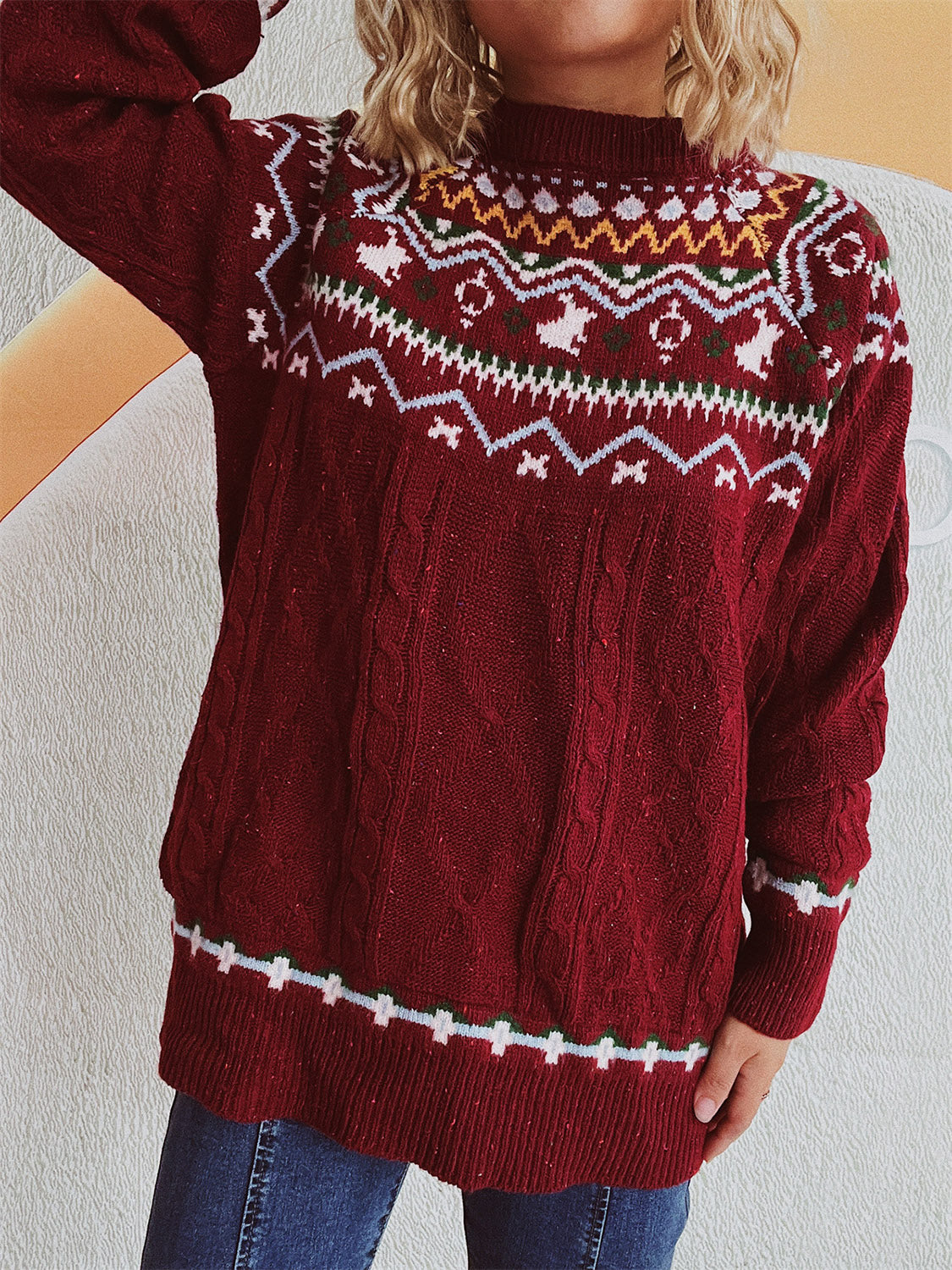 Burgundy Fair Isle cable knit turtleneck sweater with a festive pattern and ribbed trim.