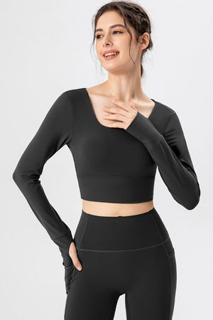 Black long sleeve crop top with thumbholes and square neckline