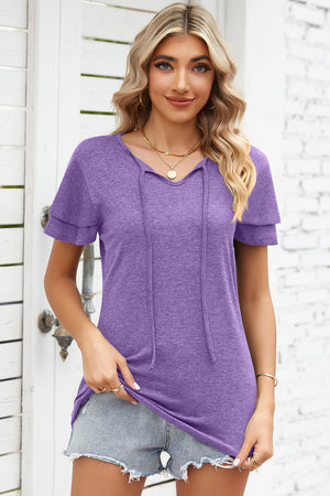Lavender flutter sleeve henley tee with tie neck detail