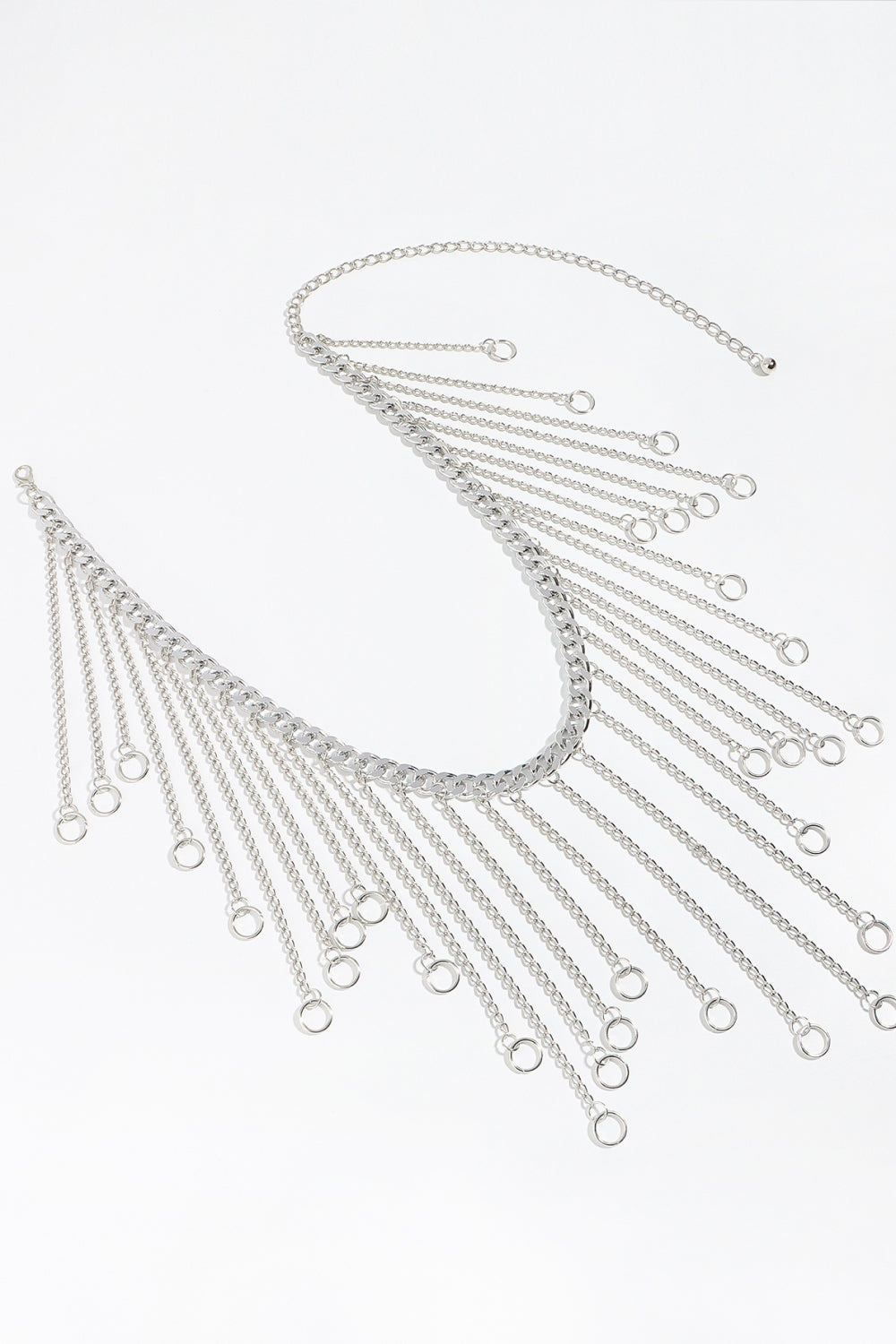 Silver chainmail belt with cascading fringe chains and rings.
