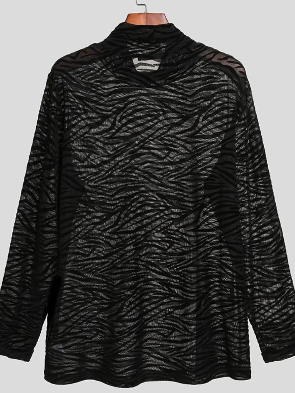 Black sheer zebra-striped mock neck long sleeve top