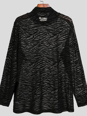 Black sheer zebra-striped mock neck long sleeve top