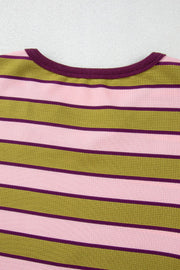 Waffle knit cropped top with pink, olive green, and purple stripes and a ribbed neckline.
