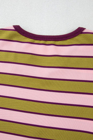 Waffle knit cropped top with pink, olive green, and purple stripes and a ribbed neckline.