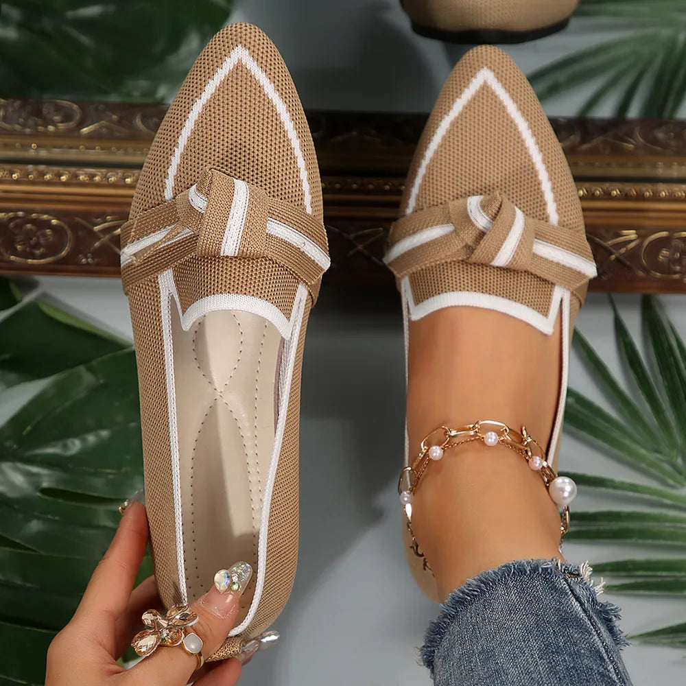 Mesh Pointe Slip-Ons Flats in Khaki with white trim and bow detail.