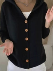 Black hooded knit cardigan with button-front detail and wooden buttons.