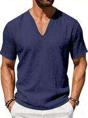 Navy V-neck linen tee with short sleeves, relaxed fit, and textured fabric.