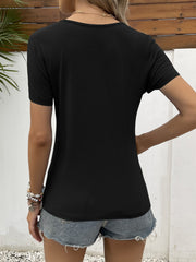 Black short sleeve tee with lace trim detail and scoop neck.